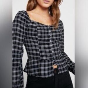 Hollister Women's Black Plaid Smocked Blouse Size S Long Sleeve Casual
